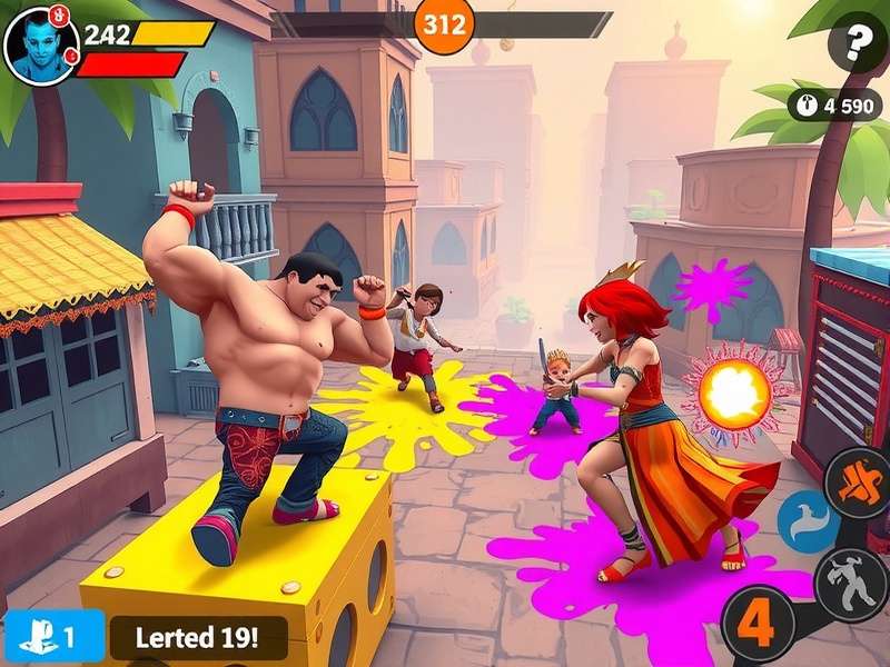 Gale Gust Gang gameplay showing characters battling in a Holi-themed map